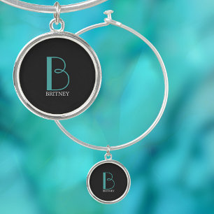 DIY Large Monogram & Name, Teal/White Text, Black Bangle Bracelet
