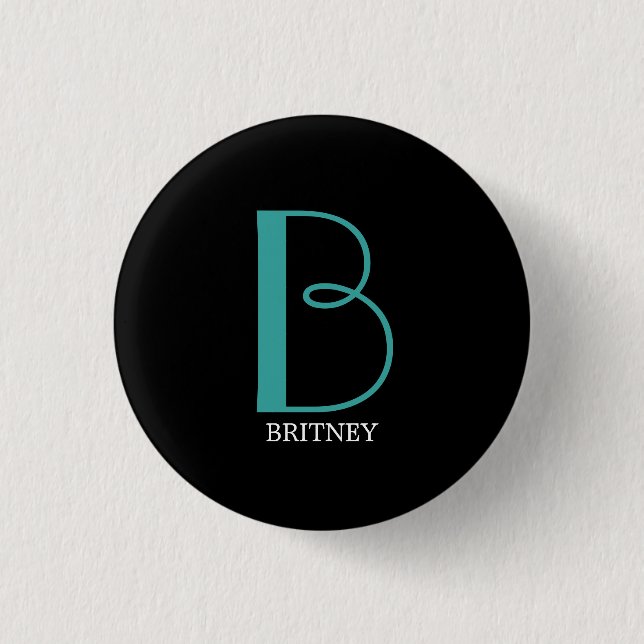 DIY Large Monogram & Name, Teal/White Text, Black Button (Front)