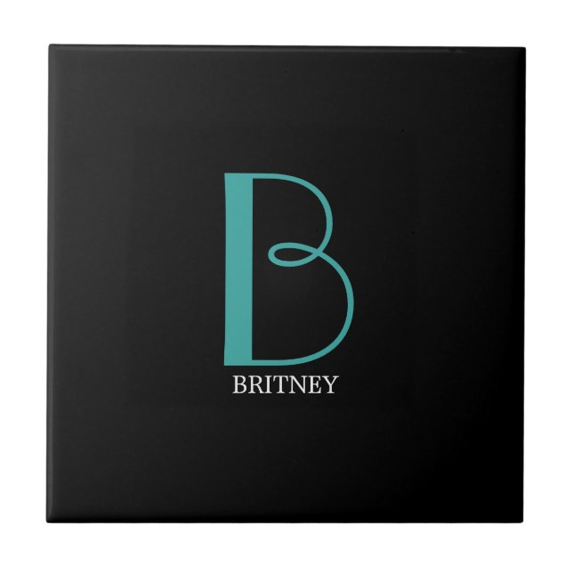 DIY Large Monogram & Name, Teal/White Text, Black Ceramic Tile (Front)