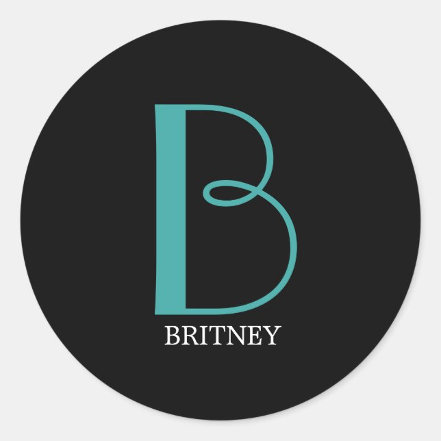 DIY Large Monogram & Name, Teal/White Text, Black Classic Round Sticker (Front)