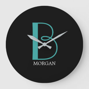 DIY Large Monogram & Name, Teal/White Text, Black Clock