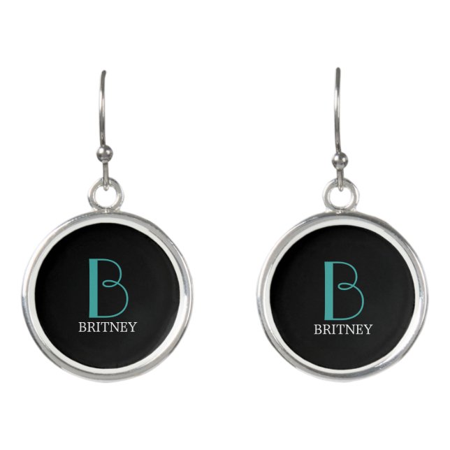 DIY Large Monogram & Name, Teal/White Text, Black  Earrings (Front)