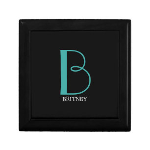 DIY Large Monogram & Name, Teal/White Text, Black Gift Box