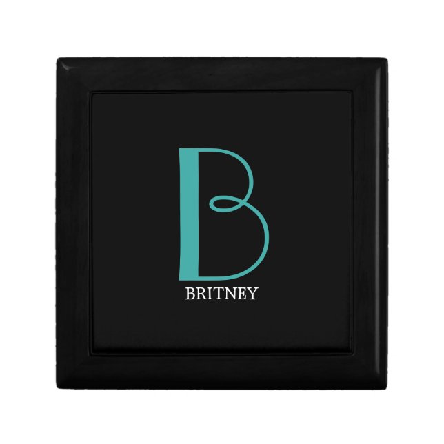 DIY Large Monogram & Name, Teal/White Text, Black Gift Box (Front)