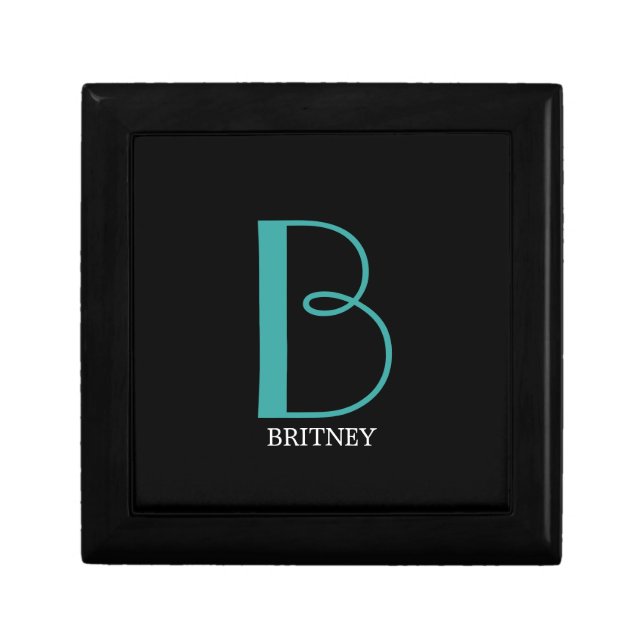 DIY Large Monogram & Name, Teal/White Text, Black Gift Box (Front)