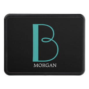 DIY Large Monogram & Name, Teal/White Text, Black Hitch Cover