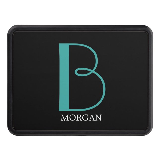 DIY Large Monogram & Name, Teal/White Text, Black Hitch Cover (Front)