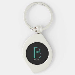 DIY Large Monogram & Name, Teal/White Text, Black Keychain