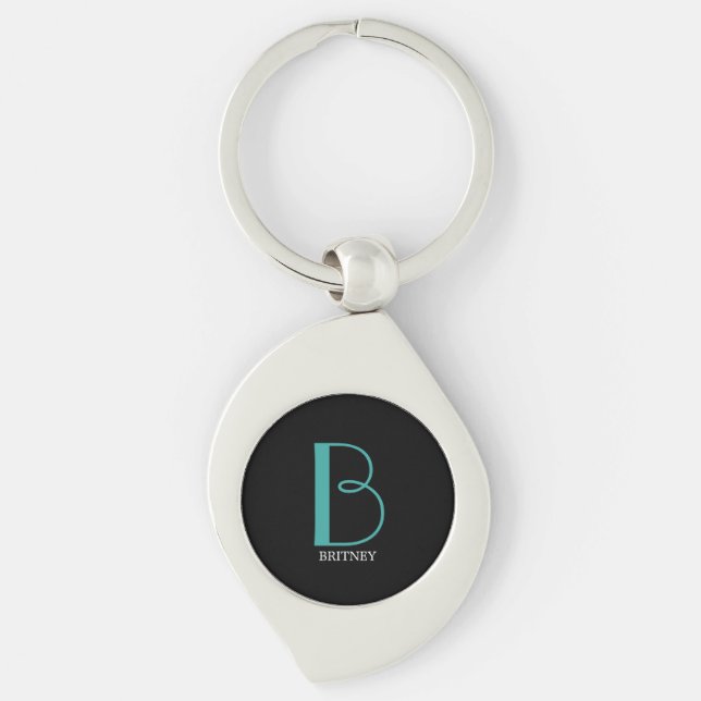 DIY Large Monogram & Name, Teal/White Text, Black Keychain (Front)