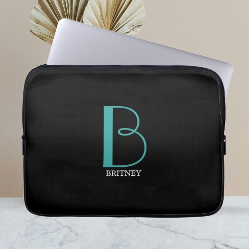 DIY Large Monogram  Name TealWhite Text Black Laptop Sleeve