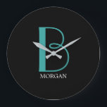DIY Large Monogram & Name, Teal/White Text, Black Large Clock<br><div class="desc">Personalize this stylish and simple text design with your name in white and your large Monogram in Teal on black background.</div>