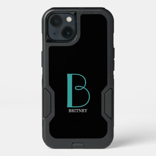 DIY Large Monogram  Name TealWhite Text Black iPhone 13 Case