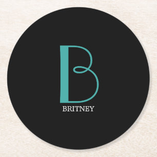 DIY Large Monogram & Name, Teal/White Text, Black Round Paper Coaster
