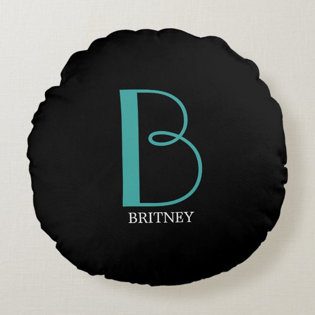 DIY Large Monogram & Name, Teal/White Text, Black Round Pillow (Front)