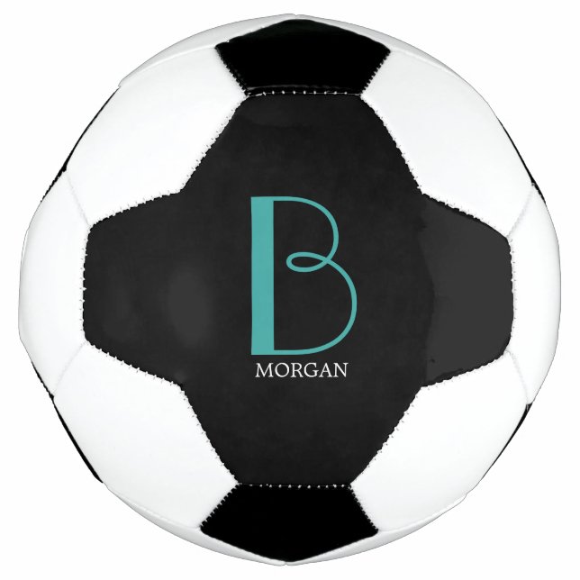 DIY Large Monogram & Name, Teal/White Text, Black Soccer Ball (Front)
