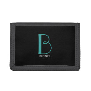 DIY Large Monogram & Name, Teal/White Text, Black Tri-fold Wallet