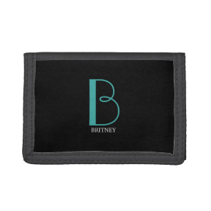 DIY Large Monogram & Name, Teal/White Text, Black Trifold Wallet
