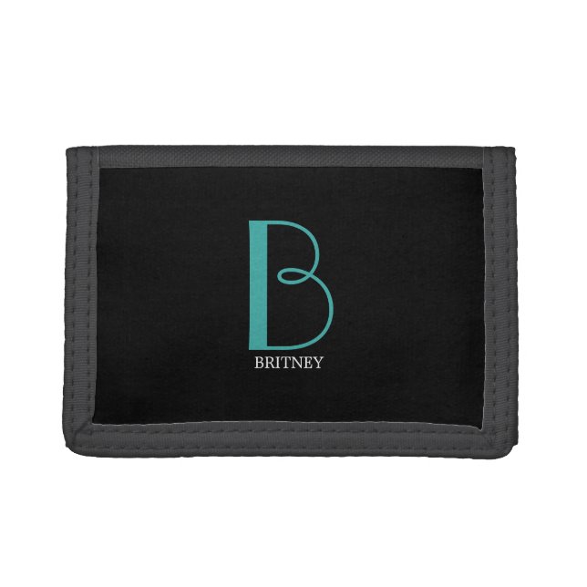 DIY Large Monogram & Name, Teal/White Text, Black Trifold Wallet (Front)
