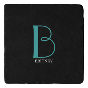 DIY Large Monogram & Name, Teal/White Text, Black Trivet