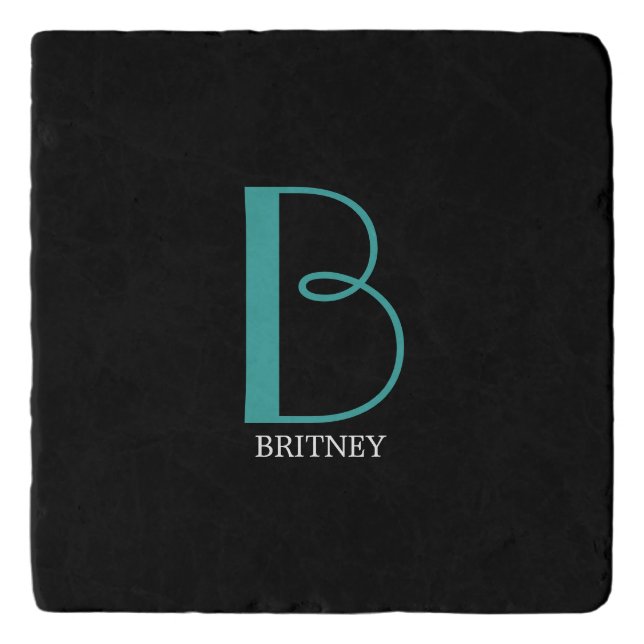 DIY Large Monogram & Name, Teal/White Text, Black Trivet (Front)