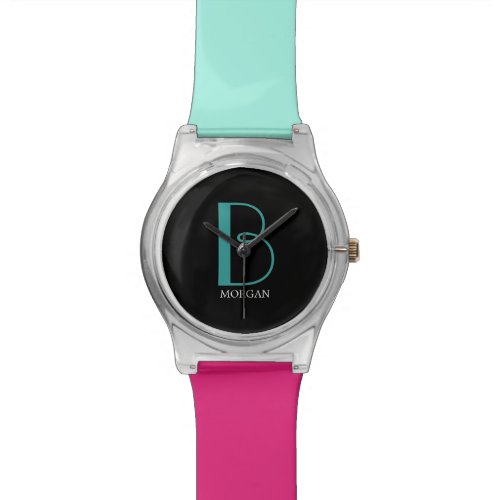 DIY Large Monogram &amp; Name, Teal/White Text, Black  Watch