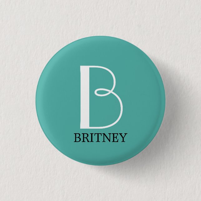 DIY Large Monogram & Name, White/Black Text, Teal Button (Front)