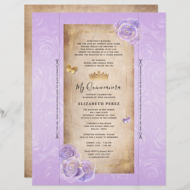 DIY Light Purple Gold Quince Scroll Invitations