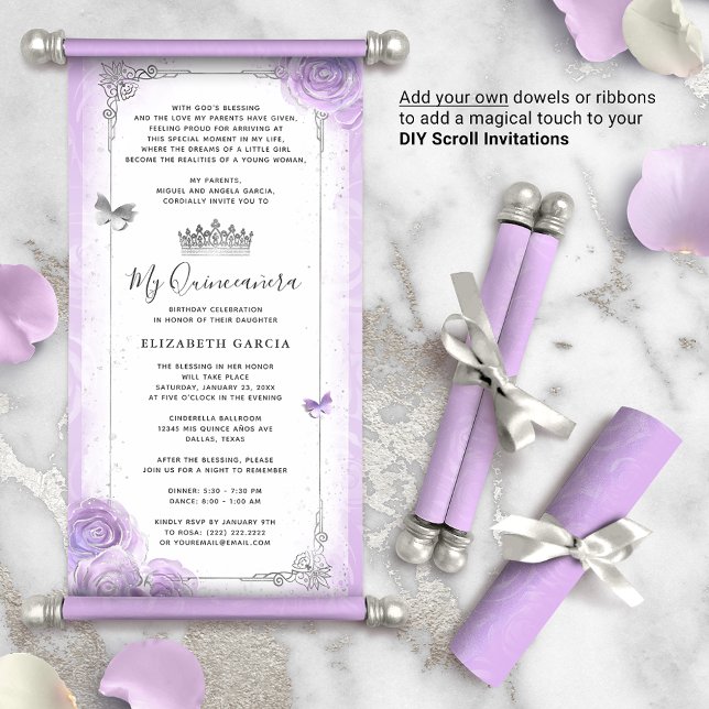 DIY Light Purple Silver Quince Scroll Invitations (How will you present your DIY scrolls? There are so many creative possibilities!)