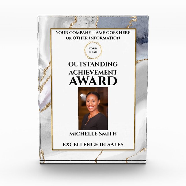 DIY logo employee achievement photo MARBLE chic Acrylic Award (Front)
