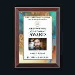 DIY logo photo employee recognition peacock marble Award Plaque<br><div class="desc">A faux golden seal which can be replaced with your school, business, college or varsity logo is framed by a thin gold border set on a background that resembles a granite top in shades of ocean blue; teal; burnt orange umber; beige and brown through which a faux gold vein runs....</div>
