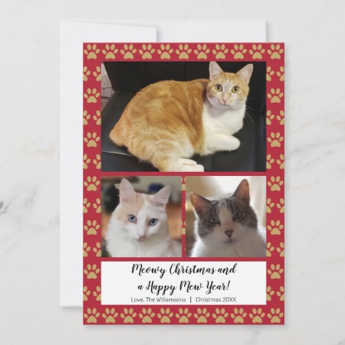 DIY Meowy Christmas Pawprint 3 Photo Collage Red Holiday Card