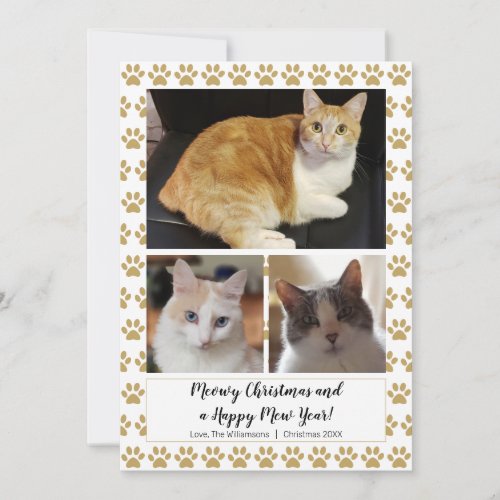 DIY Meowy Christmas Pawprint 3 Photo Cute Holiday Card