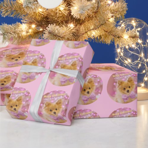 DIY Merry Christmas  Name Cute Dog Pale Pink Wrapping Paper
