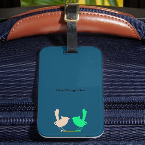DIY Message pink  green birds kissing on branch Luggage Tag