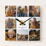 DIY Modern  Family Photo Collage Gold Heart Square Wall Clock<br><div class="desc">Make your own Family keepsake with this 8 photo modern printed gold heart wall clock with your custom family name and year. Great gift for grandparents!</div>