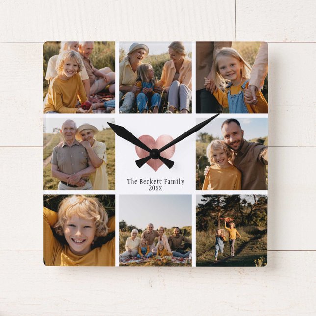 DIY Modern  Family Photo Collage Rose Gold Heart Square Wall Clock (Creator Uploaded)