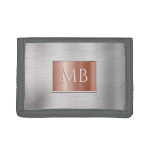 DIY Monogram, Brushed Steel & Rose Gold Metal Trifold Wallet
