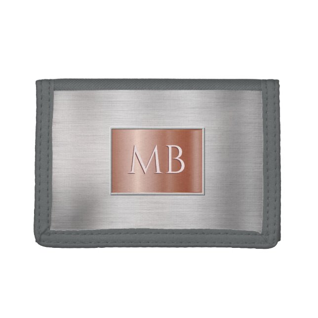 DIY Monogram, Brushed Steel & Rose Gold Metal Trifold Wallet (Front)