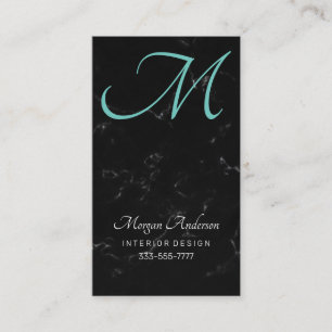 DIY Monogram, Elegant, Black Marble & Teal Business Card