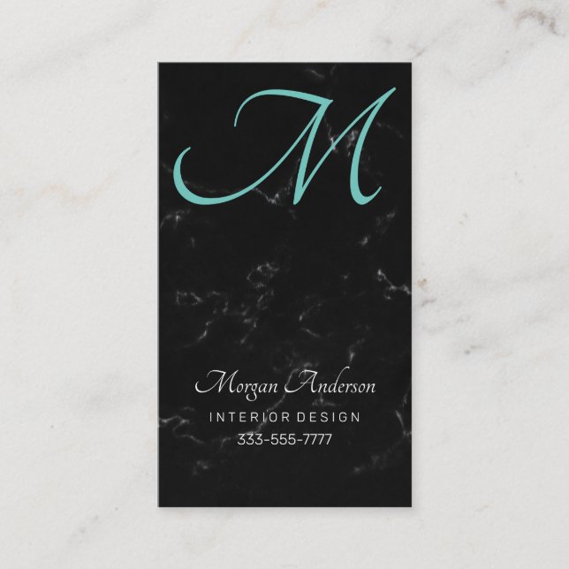 DIY Monogram, Elegant, Black Marble & Teal Business Card (Front)