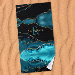 DIY Monogram & Gold Name, Black Gold & Teal Agate Beach Towel<br><div class="desc">Personalize with your Monogram and Name In Dark Teal and Gold text on black,  gold and teal agate. Click “Customize” to change colors and type styles.</div>