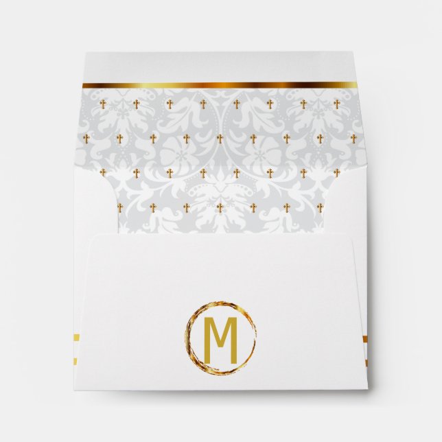 DIY Monogram Lined White Damask with Gold Crosses Envelope (Back (Bottom))