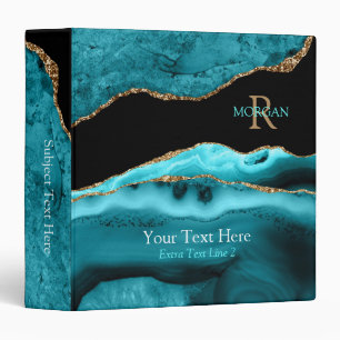 DIY Monogram & Name, All Info, Black & Gold Agate 3 Ring Binder