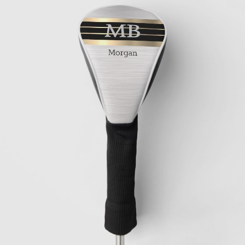 DIY MonogramName BkGold Stripes Brushed Silver Golf Head Cover