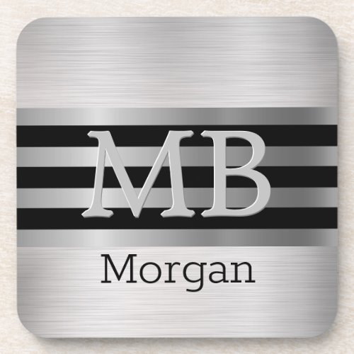 DIY MonogramName BkSilver Stripes Brushed Silver Beverage Coaster