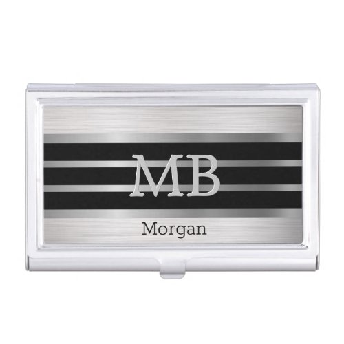 DIY MonogramName BkSilver Stripes Brushed Silver Business Card Case