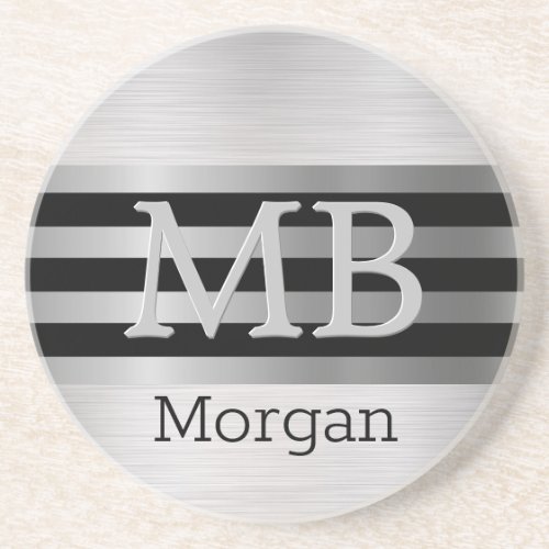 DIY MonogramName BkSilver Stripes Brushed Silver Coaster
