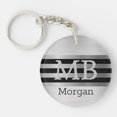 DIY MonogramName BkSilver Stripes Brushed Silver Keychain