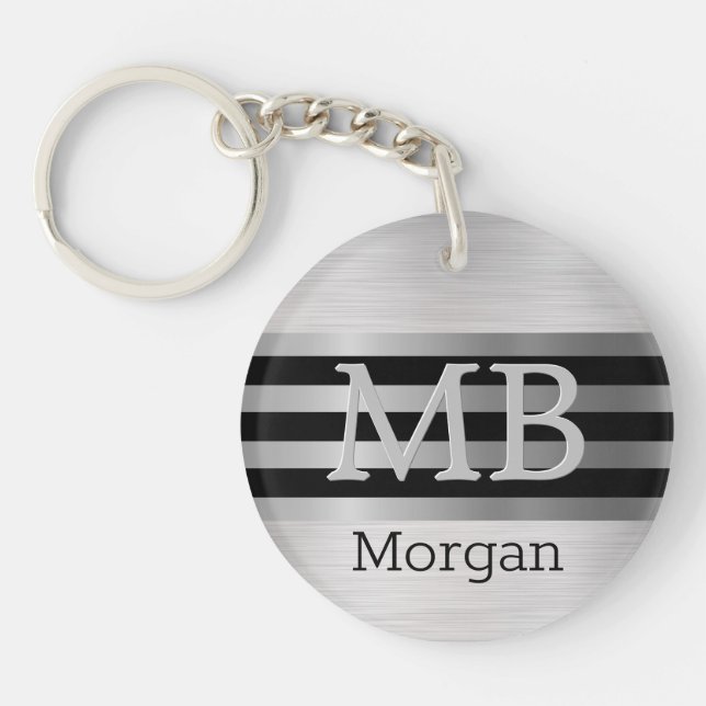 DIY Monogram/Name Bk/Silver Stripes Brushed Silver Keychain (Front)
