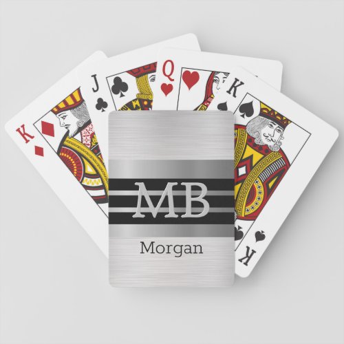 DIY MonogramName BkSilver Stripes Brushed Silver Playing Cards